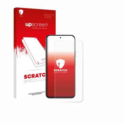 Face avant d’un emballage produit avec le logo de la marque upscreen. À côté, l’appareil realme C85 5G est représenté avec la 