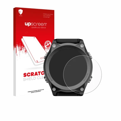 Face avant d’un emballage produit avec le logo de la marque upscreen. À côté, l’appareil Mares Sirius est représenté avec la p
