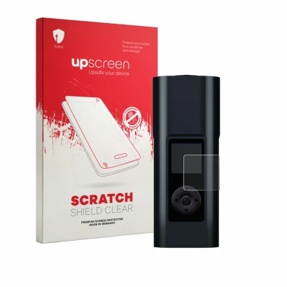 Face avant d’un emballage produit avec le logo de la marque upscreen. À côté, l’appareil Arizer Solo 3 V2 est représenté avec