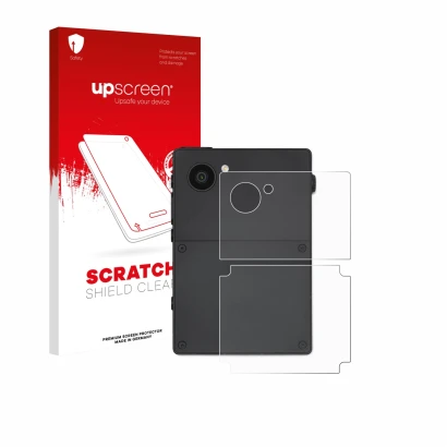 Face avant d’un emballage produit avec le logo de la marque upscreen. À côté, l’appareil Light Phone 3 (Arrière) est représent