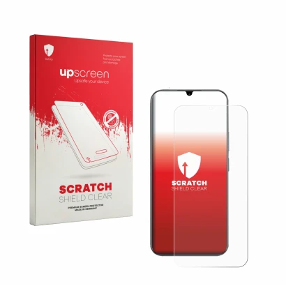 Face avant d’un emballage produit avec le logo de la marque upscreen. À côté, l’appareil realme C100 5G est représenté avec la