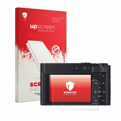 Face avant d’un emballage produit avec le logo de la marque upscreen. À côté, l’appareil Panasonic Lumix DC-TZ300 est représen
