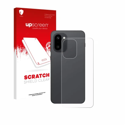 Face avant d’un emballage produit avec le logo de la marque upscreen. À côté, l’appareil OnePlus 15R (Arrière) est représenté 