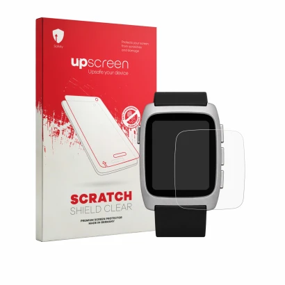 Face avant d’un emballage produit avec le logo de la marque upscreen. À côté, l’appareil Pebble Time 2 2026 est représenté ave
