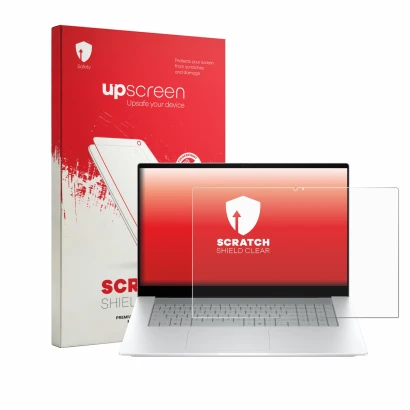 Face avant d’un emballage produit avec le logo de la marque upscreen. À côté, l’appareil HP OmniBook X 17-de0776ngx est représ