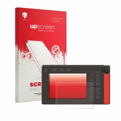 Face avant d’un emballage produit avec le logo de la marque upscreen. À côté, l’appareil Müller Elektronik SMART570 est représ
