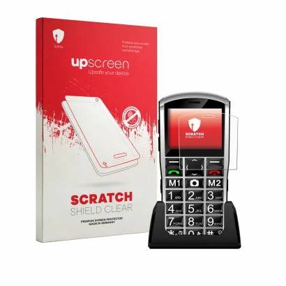Face avant d’un emballage produit avec le logo de la marque upscreen. À côté, l’appareil Artfone A400 Pro 4G est représenté av