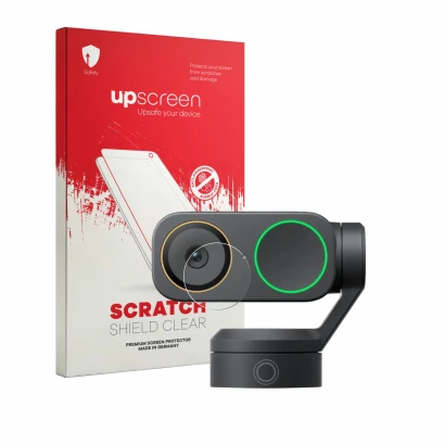 Face avant d’un emballage produit avec le logo de la marque upscreen. À côté, l’appareil Insta360 Link 2 Pro (Lentille) est re