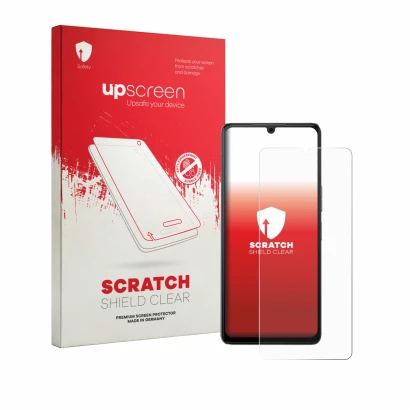 Face avant d’un emballage produit avec le logo de la marque upscreen. À côté, l’appareil Cubot P90 est représenté avec la prot