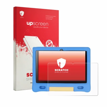 Face avant d’un emballage produit avec le logo de la marque upscreen. À côté, l’appareil Bufo Kids Tablet 10.1" est représenté