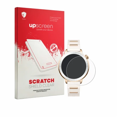 Face avant d’un emballage produit avec le logo de la marque upscreen. À côté, l’appareil Oppo Watch X3 Mini est représenté ave