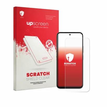 Face avant d’un emballage produit avec le logo de la marque upscreen. À côté, l’appareil Vivo T5x est représenté avec la prote