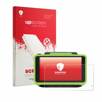 Face avant d’un emballage produit avec le logo de la marque upscreen. À côté, l’appareil Zebra WT6400 est représenté avec la p