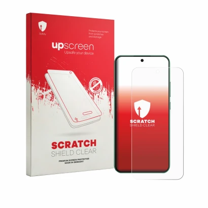 Face avant d’un emballage produit avec le logo de la marque upscreen. À côté, l’appareil Oppo F33 est représenté avec la prote
