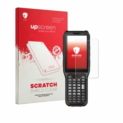 Face avant d’un emballage produit avec le logo de la marque upscreen. À côté, l’appareil Urovo RT40S est représenté avec la pr