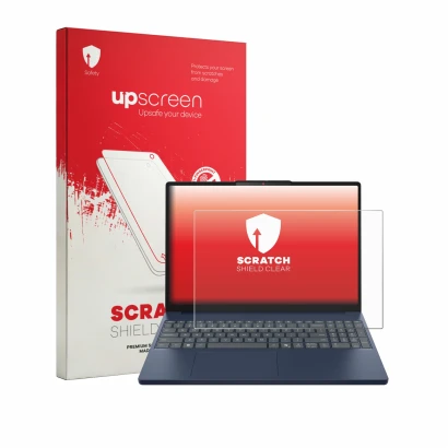 Face avant d’un emballage produit avec le logo de la marque upscreen. À côté, l’appareil Lenovo IdeaPad Slim 3i Gen 11 15" est