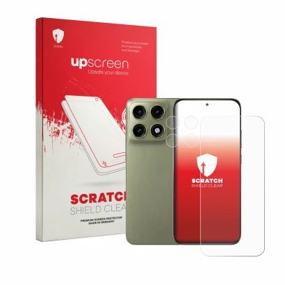 Face avant d’un emballage produit avec le logo de la marque upscreen. À côté, l’appareil Motorola Edge 70 Pro (Avant+Caméra) e