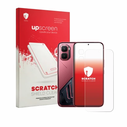 Face avant d’un emballage produit avec le logo de la marque upscreen. À côté, l’appareil Infinix GT 50 Pro (Avant+Caméra) est