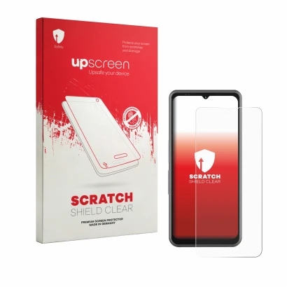 Face avant d’un emballage produit avec le logo de la marque upscreen. À côté, l’appareil Sonim XP Pro E est représenté avec la