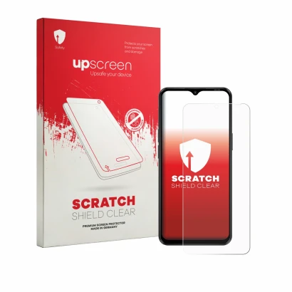Face avant d’un emballage produit avec le logo de la marque upscreen. À côté, l’appareil Blackview Wave 7C est représenté avec