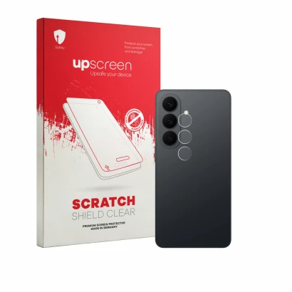 Face avant d’un emballage produit avec le logo de la marque upscreen. À côté, l’appareil Samsung Galaxy S26 Enterprise Edition