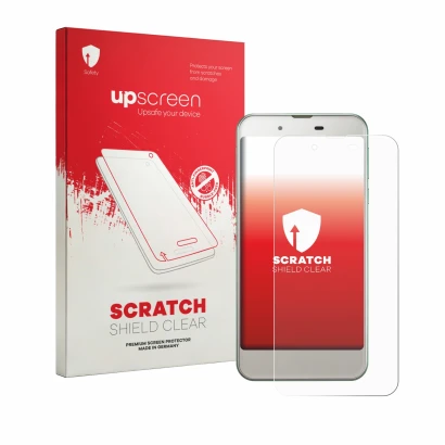 Face avant d’un emballage produit avec le logo de la marque upscreen. À côté, l’appareil Sharp Aquos SHV37 est représenté avec