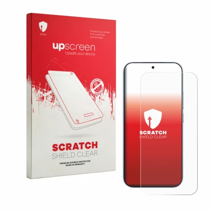 Face avant d’un emballage produit avec le logo de la marque upscreen. À côté, l’appareil Xiaomi 17T est représenté avec la pro
