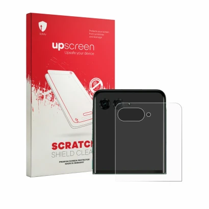 Face avant d’un emballage produit avec le logo de la marque upscreen. À côté, l’appareil Motorola Razr 70 Plus (Affichage arri