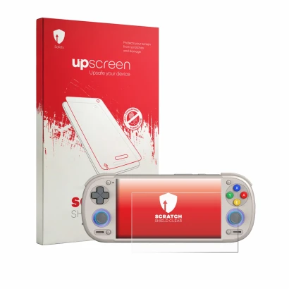 Face avant d’un emballage produit avec le logo de la marque upscreen. À côté, l’appareil Retroid Pocket 6 est représenté avec 