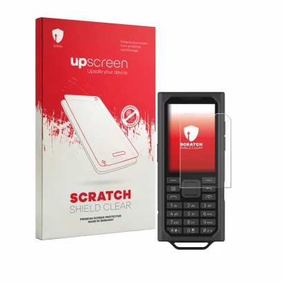 Face avant d’un emballage produit avec le logo de la marque upscreen. À côté, l’appareil HMD Terra M est représenté avec la pr