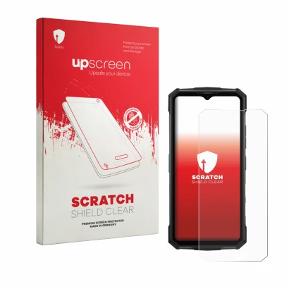 Face avant d’un emballage produit avec le logo de la marque upscreen. À côté, l’appareil Doogee Fire 7 Pro est représenté avec