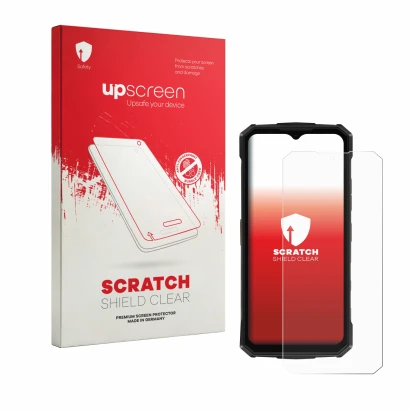Face avant d’un emballage produit avec le logo de la marque upscreen. À côté, l’appareil Doogee Fire 5 Pro est représenté avec