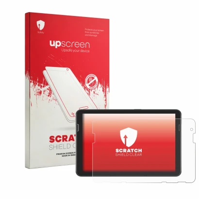Face avant d’un emballage produit avec le logo de la marque upscreen. À côté, l’appareil Zebra ET401 8" est représenté avec la