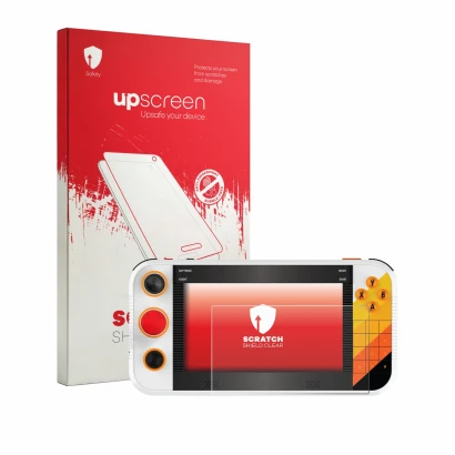 Face avant d’un emballage produit avec le logo de la marque upscreen. À côté, l’appareil My Arcade Atari Gamestation Go Portab