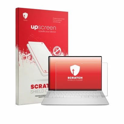 Face avant d’un emballage produit avec le logo de la marque upscreen. À côté, l’appareil Dell XPS 14 DA14250 est représenté av