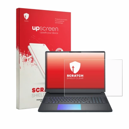 Face avant d’un emballage produit avec le logo de la marque upscreen. À côté, l’appareil Dell Alienware 18 Area-51 est représe