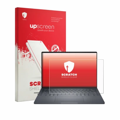 Face avant d’un emballage produit avec le logo de la marque upscreen. À côté, l’appareil Dell Pro Max 14 Premium est représent
