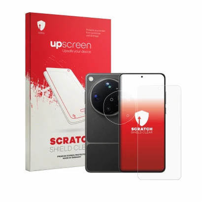 Face avant d’un emballage produit avec le logo de la marque upscreen. À côté, l’appareil Oppo Find X9 Ultra (Avant+Caméra) est