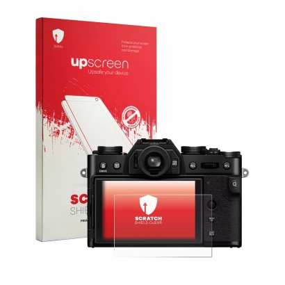 Face avant d’un emballage produit avec le logo de la marque upscreen. À côté, l’appareil Fujifilm X-T30 III est représenté ave