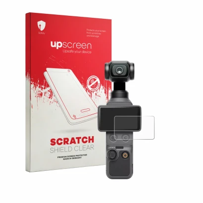 Face avant d’un emballage produit avec le logo de la marque upscreen. À côté, l’appareil DJI Osmo Pocket 4 est représenté avec