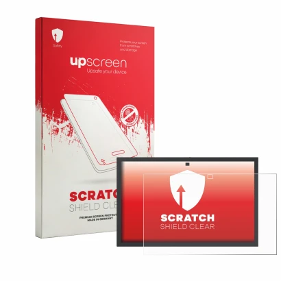 Face avant d’un emballage produit avec le logo de la marque upscreen. À côté, l’appareil Amazon Echo Show 21 est représenté av