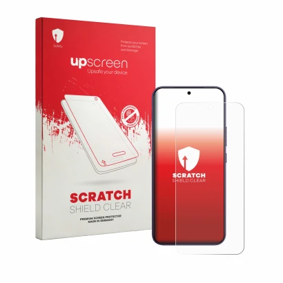 Face avant d’un emballage produit avec le logo de la marque upscreen. À côté, l’appareil Vivo Y600 Pro est représenté avec la 