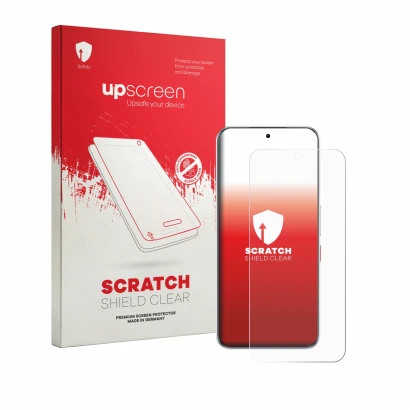 Face avant d’un emballage produit avec le logo de la marque upscreen. À côté, l’appareil ZTE Nubia Neo 5 GT est représenté ave
