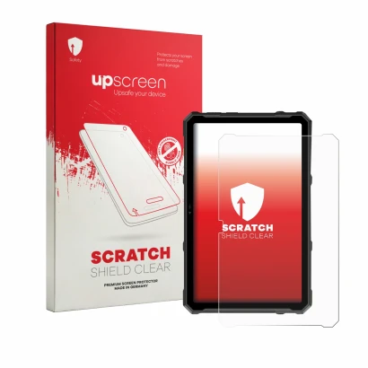 Face avant d’un emballage produit avec le logo de la marque upscreen. À côté, l’appareil Ulefone Armor Pad 4T Ultra est représ