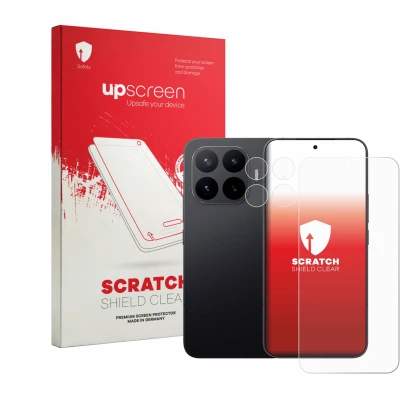 Face avant d’un emballage produit avec le logo de la marque upscreen. À côté, l’appareil Xiaomi 17T Pro (Avant+Caméra) est rep