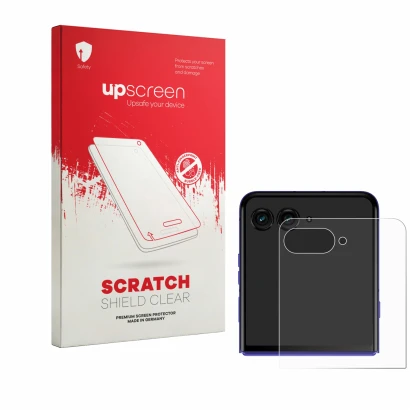 Face avant d’un emballage produit avec le logo de la marque upscreen. À côté, l’appareil Motorola Razr 70 Ultra (Affichage arr