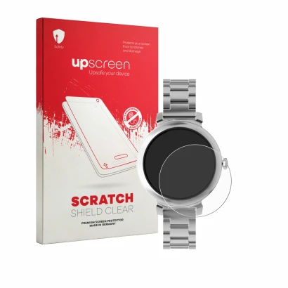 Face avant d’un emballage produit avec le logo de la marque upscreen. À côté, l’appareil ZenWatch Lily 1.1" est représenté ave