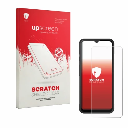 Face avant d’un emballage produit avec le logo de la marque upscreen. À côté, l’appareil iMin Swift 1 Pro est représenté avec