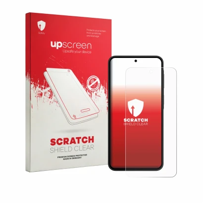 Face avant d’un emballage produit avec le logo de la marque upscreen. À côté, l’appareil Samsung Galaxy A27 5G est représenté