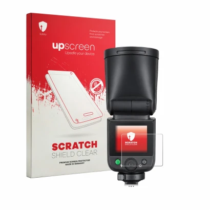Face avant d’un emballage produit avec le logo de la marque upscreen. À côté, l’appareil Godox V1 mid est représenté avec la p